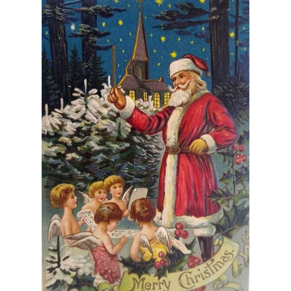 Santa Claus Cherub Angels Children Christmas Postcard Germany Embossed Fantastic